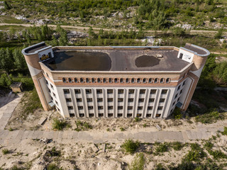 Aerial drone view. Abandoned unfinished building of the city hospital in Kiev.