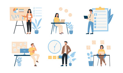 Collection of six scenes of successful people who effectively manage their tasks. Multitasking at work. Distribution of tasks project work. Planning and time management. Flat Vector Illustration