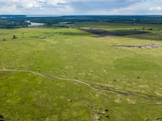 Fototapeta na wymiar Aerial drone view. Dirt road through a green meadow.