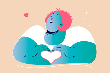 Emotion, face, love, feeling concept. Young happy cheerful excited laughing smiling woman girl teenager cartoon character standing and showing heart with hands. Positive facial expression illustration