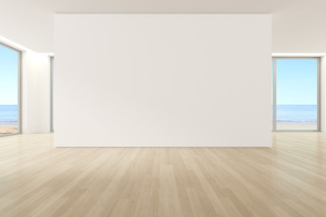 3d render of modern empty room with wooden floor and large plain wall on sea background.
