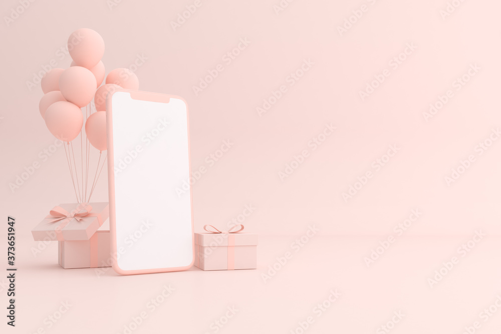 Poster mock up scene of a phone with gift and balloons, 3d render.