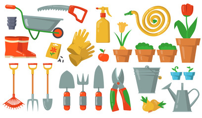 Garden tools set. Rake, shovel, bucket, cutter, fork, gloves, potted plant, cart, hose, gumboots illustrations on white background. For gardening work equipment, agriculture, horticulture concept