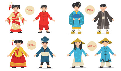 Traditional Asian couples set. Cartoon Chinese, Japanese, Korean, Vietnamese men and women wearing national costumes, kimonos and hats. For history, fashion, culture concepts
