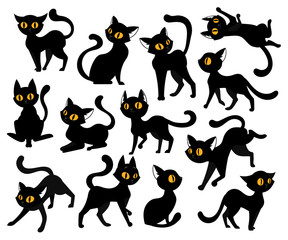 Domestic Animals Concept. A Set Of Black Cats With Yellow Eyes In Different Positions Isolated On White Background. Cute, Mischievous And Playful Pets In Various Poses. Flat Style Vector Illustration