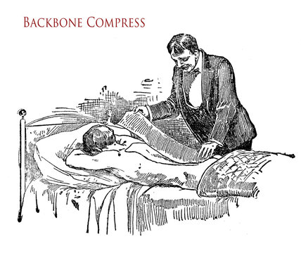 Healthcare And Medicine: Male Patient Under Treatment For Back Pain, Lower Back And Lumbar Pain, Or Sciatica With Application Of A Clean Washcloth Compress Soaked In A Pain Relief Remedy