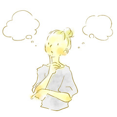 ナチュラルタッチ　手描き女性イラスト　考える　吹き出し付き