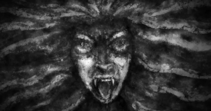 Animation of the scary face of a vampire woman with growing fangs and protruding tongue. Black and white fantasy horror video. Motion graphics for music videos and VJ intros.