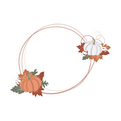 Pumpkin Wreath, Autumn Fall Leaves Circle Frame Decorative with cotton flowers vector illustration