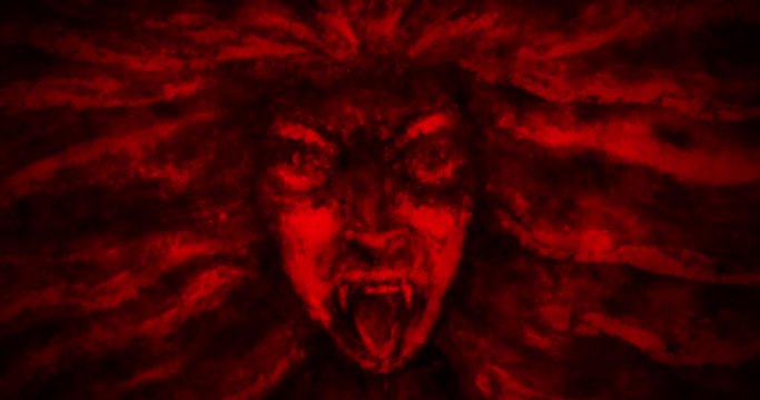 Animation of scary face a vampire woman with flowing hair in front and in profile. Black and red fantasy horror movie. Motion graphics for music clips and VJ loops.