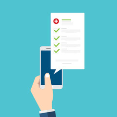 Medical prescription online or digital medicine test results with approved check mark form on mobile phone, cellphone with clinic checklist, flat cartoon modern illustration.