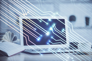 Multi exposure of desktop computer and technology theme hologram. Concept of software development.
