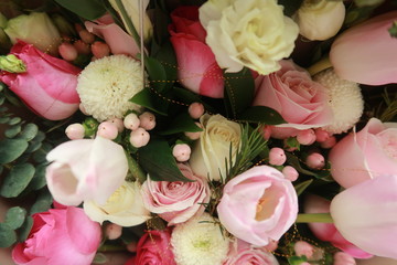 Bouquet of pink and white roses.