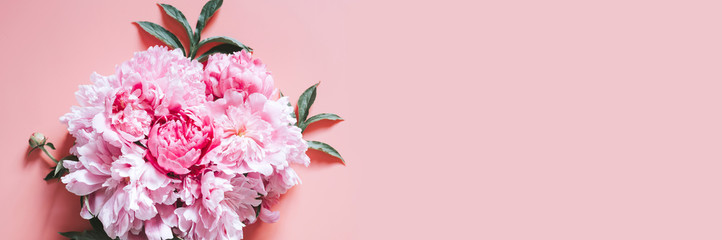 peonies bouquet flowers in full bloom vibrant pink color isolated on pale pink background. flat lay, top view, space for text. banner © Ksenia