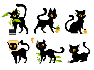 Pets, Domestic Animals Concept. A Set Of Mischievous, Funny, Adorable Cats. Kitties Catching Butterfly, Playing With Plant In Pot, Mouse And Ball Of Threads. Colorful Flat Style Vector Illustration