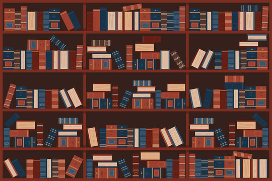 Library shelves with old books vector cartoon illustration.
