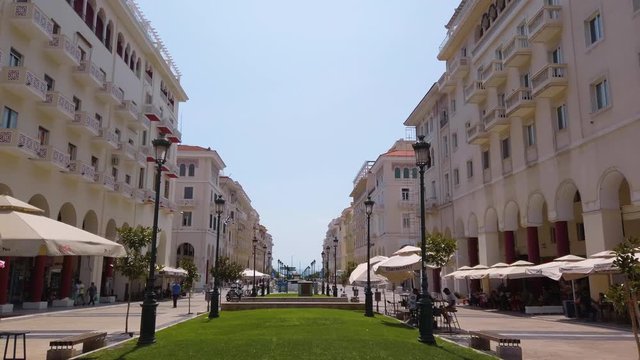 4K clip of the empty infamous Aristotelous Square in Thessaloniki, Greece on a clear summer day