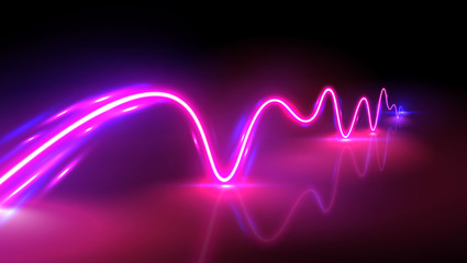 Realistic neon pink and blue wave with reflections, vector illustration
