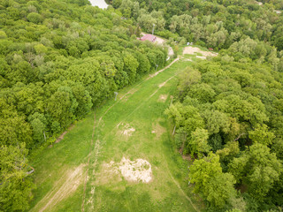Fototapeta na wymiar Aerial drone view. Green spring forest