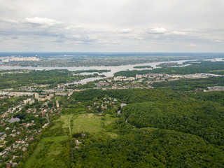 Aerial drone view. Green spring forest