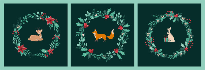 Set of Christmas cards of wreaths of twigs, leaves, berries, holly, white mistletoe, poinsettia with Fox, fawn and hare, rabbit, gifts in the center.  Retro Christmas animals. Vector illustration.