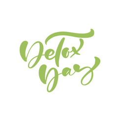 Obraz premium Detox day logo calligraphy lettering text poster in doodle style. Hand drawn green brush stroke for smoothie or detox drink in the bottle. For cafe, social media blog