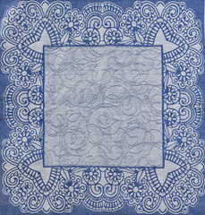 blue vintage ornament tablecloth texture background. Top view