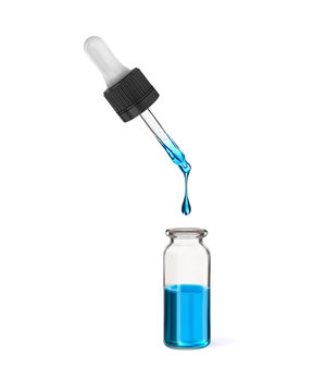 Blue medicine from a pipette drips into a bottle. 3d vector illustration