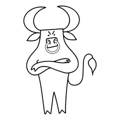 Formidable bull drawn by hands in doodle style. Monochrome vector illustration, coloring book page. Symbol of 2021.