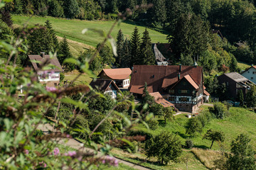 Fototapeta na wymiar Typical view of landscape valley between mountains in Brandmatt, Sasbachwalden, Black Forest, Schwarzwald, town in Western Baden-Wurttemberg, Germany