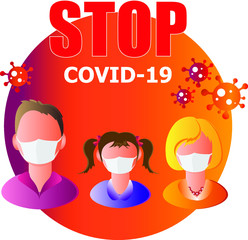 Family - dad, mom and daughter, with protective medical masks to prevent the COVID-19 virus. Vector illustration for pandemic awareness.