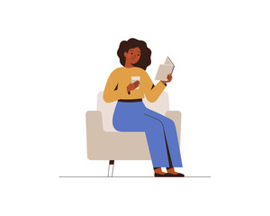 African American woman reads the book in office or home. Black female is drinking coffee and planning her day. Vector illustration isolated on white.