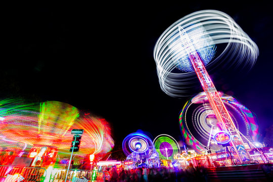 Witney Feast Funfair - Ride Light Traces, 'SkyFlyer', 'Storm', 'Air', 'Extreme' and 'Megaspin'