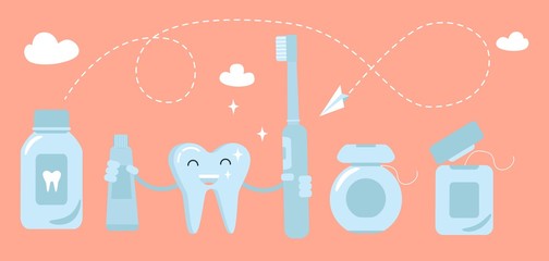 Logo of dental care. Vector illustration in cartoon style on the theme of dental care and oral hygiene. Sound teeth. Electric toothbrush. Dental floss. Toothpaste.