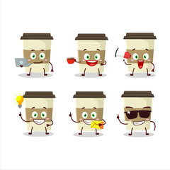 Coffee cup cartoon character with various types of business emoticons