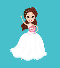 Woman standing in dress waving hand, smiling bride holding bouquet of flowers, portrait view of newlywed character, hen-party or wedding invitation vector