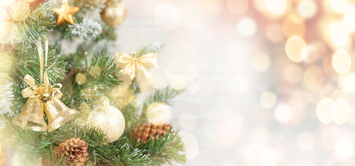 Fototapeta na wymiar Christmas greeting card with decorated fir tree