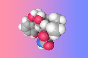 Molecular model of oxytetracycline. Atoms are represented as spheres with color coding: carbon (grey), oxygen (red), nitrogen (blue), hydrogen (white). Scientific background. 3d illustration