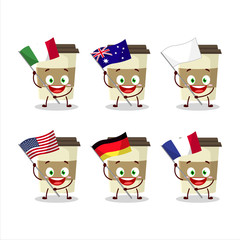 coffee cup cartoon character bring the flags of various countries