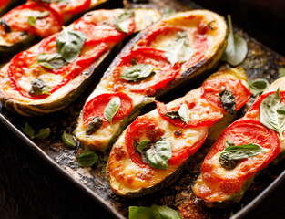 Baked  zucchini stuffed with tomatoes and mozzarella with basil leaves and olive oil in a baking dish top view