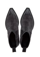 Black suede half-boots with a narrow toe and a slanted heel. Cowboy boots. Top view.