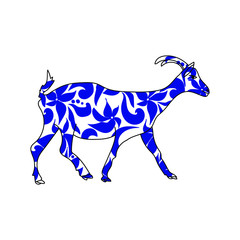 outline illustration of a goat with floral patterns in blue, symbol of the year according to the eastern horoscope, vector silhouette of an animal