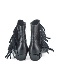 Black leather half-boots with a leather fringe on the top, a narrow toe and a sloping heel. Cowboy...