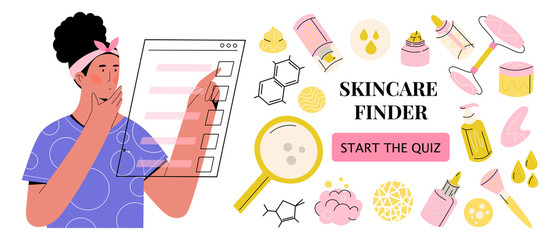 Flat vector concept of a girl filling up a quiz online to find a perfect skincare routine and beauty products for her skin type, allergies, concerns. Banner template for website, ad, or app. - obrazy, fototapety, plakaty
