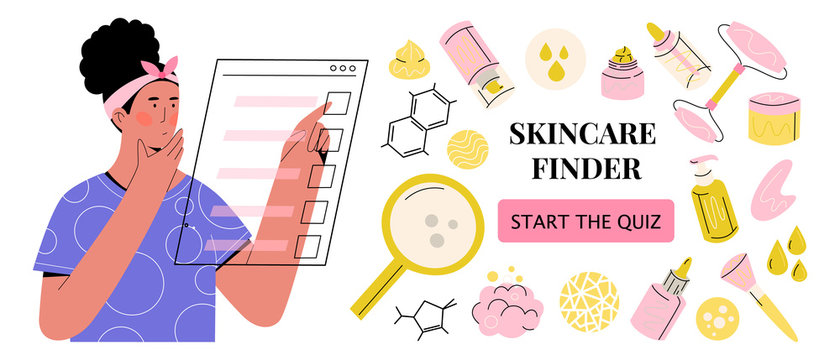 Flat vector concept of a girl filling up a quiz online to find a perfect skincare routine and beauty products for her skin type, allergies, concerns. Banner template for website, ad, or app.