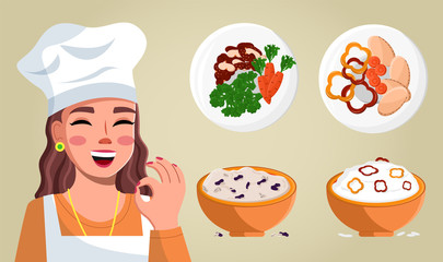 Young woman in cook clothes and special cap makes ok gesture with fingers and set of prepared dishes on plates. Happy cute girl cook with healthy wholesome food porridge and salad, homemade food