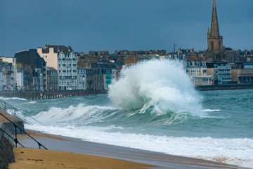 Big high tide and big waves on the Chaussée du Sillon in Saint Malo, Brittany, France