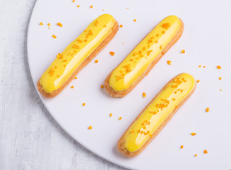 delicious cake with icing on a white plate