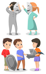 Acting and history club vector, children playing on stage wearing costumes and masks. Drama performance and examination of old metal weaponry, shield and warriors helmet. Back to school concept