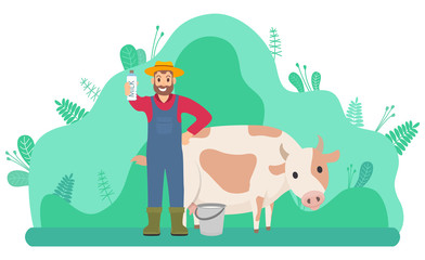 Farmer in overalls, hat and rubber boots is standing in a green meadow near a white spotted cow and holding in his hand a bottle of milk. Agriculture rural landscape, dairy theme and farm production